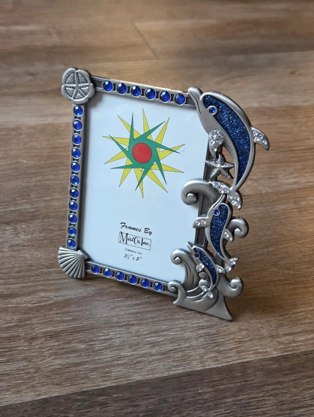 Silver Toned Dolphin Picture Frame with Crystals and Sparkly Blue Resin Mist Co